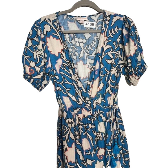 Knox Rose Maxi Dress Womens Medium Blue Short Sleeve Wrap Floral Tiered Tassel - Picture 12 of 14